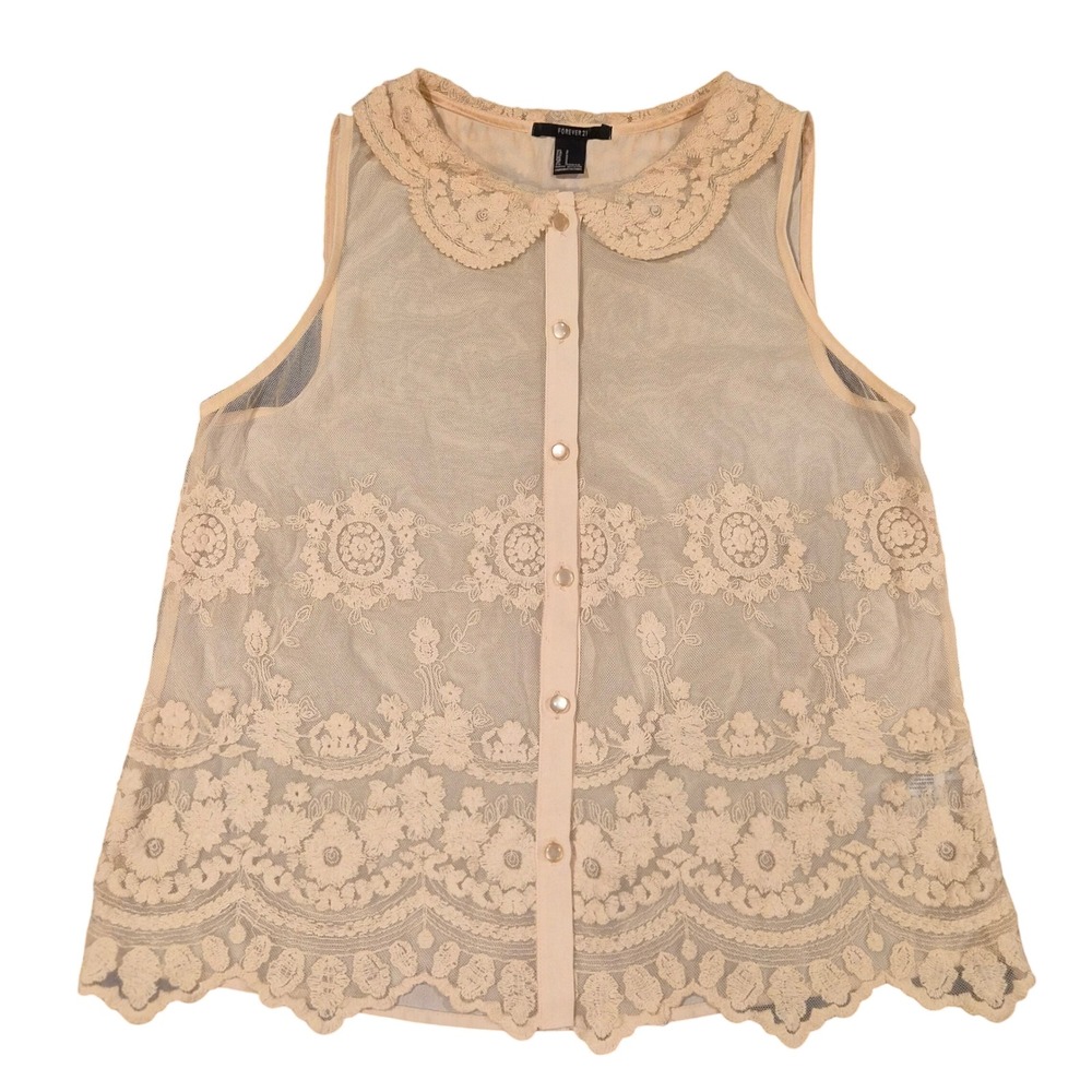 Forever 21 Cream Lace Sheer Mesh Sleeveless Blouse Peter Pan Collar Small